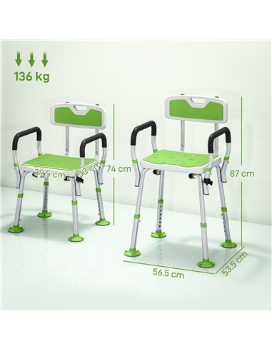 HOMCOM EVA Padded Shower Chair for the Elderly and Disabled, Height Adjustable Shower Stool with Back and Arms, 4 Suction Foot P