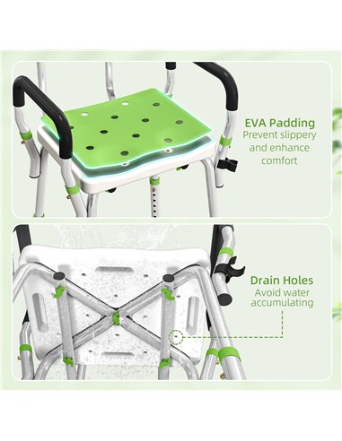 HOMCOM EVA Padded Shower Chair for the Elderly and Disabled, Height Adjustable Shower Stool with Back and Arms, 4 Suction Foot P