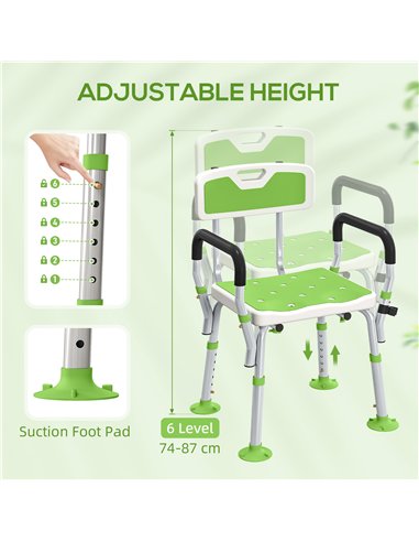 HOMCOM EVA Padded Shower Chair for the Elderly and Disabled, Height Adjustable Shower Stool with Back and Arms, 4 Suction Foot P