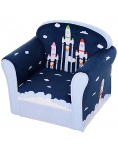 Homcom Kids Armchair, Sofa Tub Chair with Wooden Frame, Blue Cartoon Rocket Pattern