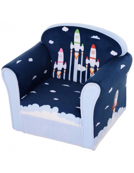 Homcom Kids Armchair, Sofa Tub Chair with Wooden Frame, Blue Cartoon Rocket Pattern - pic 17178 | FastDaddyshop
