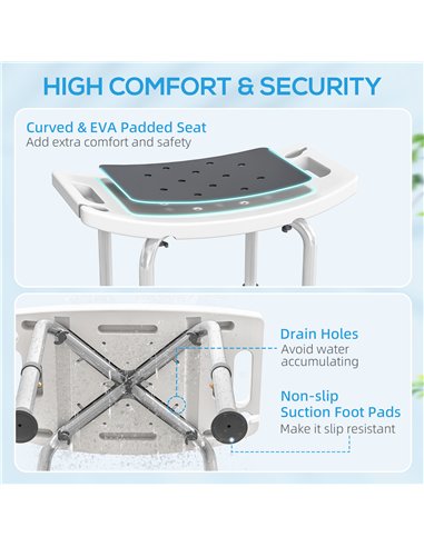 HOMCOM Shower Chair, Adjustable Height Shower Stool with Aluminium Frame and Non-Slip Feet, Bathtub Stool Seat for Elderly Disab