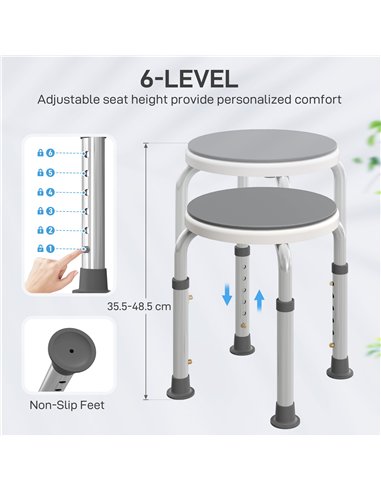 HOMCOM 360° Swivel Shower Chair, Height Adjustable Aluminium Shower Stool with Non-Slip Feet for Disabled, Elderly, Grey