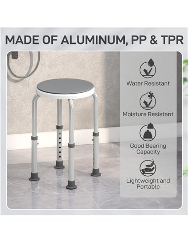 HOMCOM 360° Swivel Shower Chair, Height Adjustable Aluminium Shower Stool with Non-Slip Feet for Disabled, Elderly, Grey