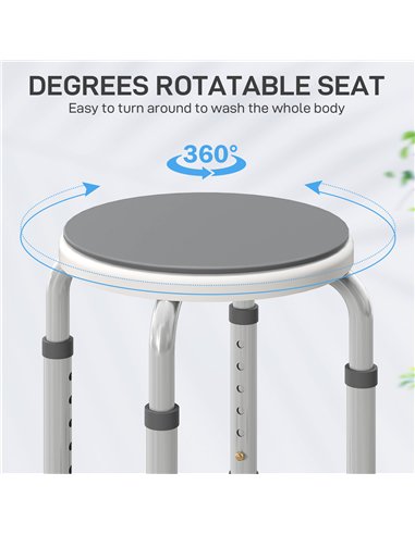 HOMCOM 360° Swivel Shower Chair, Height Adjustable Aluminium Shower Stool with Non-Slip Feet for Disabled, Elderly, Grey