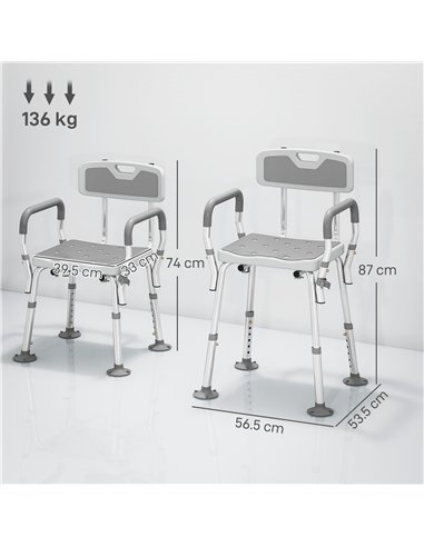 HOMCOM EVA Padded Shower Chair for the Elderly and Disabled, Height Adjustable Shower Stool with Back and Arms, 4 Suction Foot P
