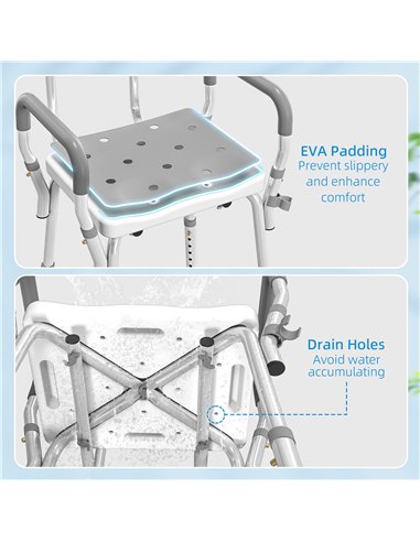 HOMCOM EVA Padded Shower Chair for the Elderly and Disabled, Height Adjustable Shower Stool with Back and Arms, 4 Suction Foot P