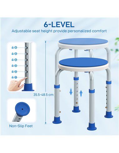 HOMCOM 360° Swivel Shower Chair, Height Adjustable Aluminium Shower Stool with Non-Slip Feet for Disabled, Elderly, Blue