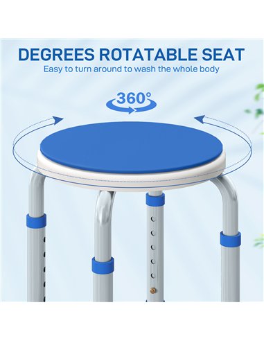 HOMCOM 360° Swivel Shower Chair, Height Adjustable Aluminium Shower Stool with Non-Slip Feet for Disabled, Elderly, Blue