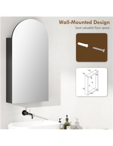 HOMCOM Arched Bathroom Mirror Cabinet with Adjustable Glass Shelves - Black