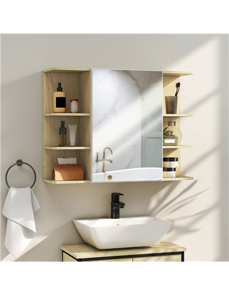 HOMCOM Bathroom Mirror Cabinet with Open Storage Shelves - Natural Wood Finish - pic 171889 | FastDaddyshop