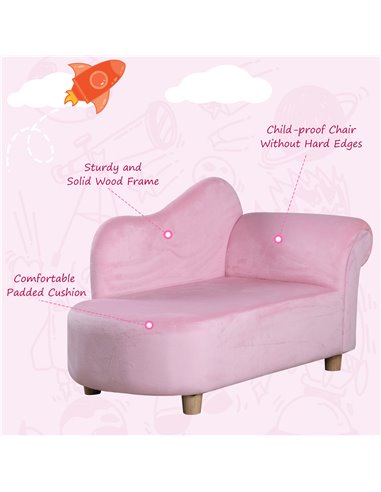 HOMCOM Children Kids Velvet Chaise Lounge Sofa Day Bed Couch Seat Pink