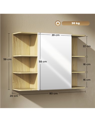 HOMCOM Bathroom Mirror Cabinet with Open Storage Shelves - Natural Wood Finish