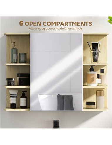 HOMCOM Bathroom Mirror Cabinet with Open Storage Shelves - Natural Wood Finish