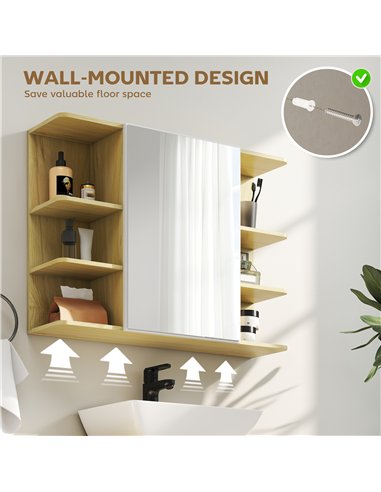 HOMCOM Bathroom Mirror Cabinet with Open Storage Shelves - Natural Wood Finish