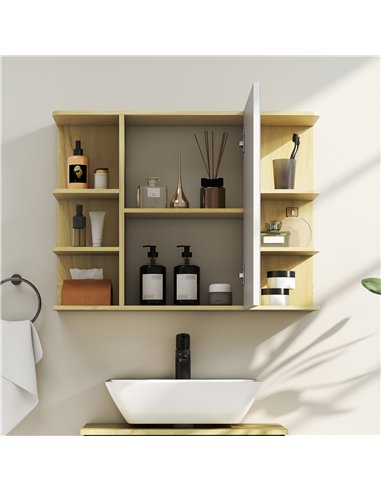 HOMCOM Bathroom Mirror Cabinet with Open Storage Shelves - Natural Wood Finish