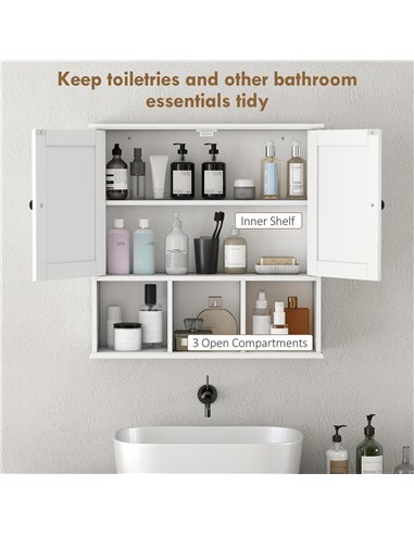 HOMCOM Farmhouse Bathroom Wall Cabinet, Wall Mounted Medicine Cabinet with Adjustable Shelf, Open Compartments, White