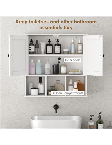 HOMCOM Farmhouse Bathroom Wall Cabinet, Wall Mounted Medicine Cabinet with Adjustable Shelf, Open Compartments, White - pic 171901 | FastDaddyshop