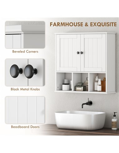 HOMCOM Farmhouse Bathroom Wall Cabinet, Wall Mounted Medicine Cabinet with Adjustable Shelf, Open Compartments, White