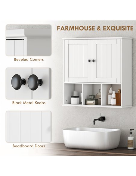 HOMCOM Farmhouse Bathroom Wall Cabinet, Wall Mounted Medicine Cabinet with Adjustable Shelf, Open Compartments, White - pic 171903 | FastDaddyshop