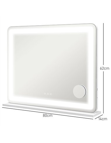 HOMCOM Vanity Mirror with Lights, Large 80x62 cm Lighted Makeup Mirror with 3 Colour, 10X Magnifying, USB Charging Port, Touch S