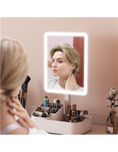 HOMCOM Makeup Mirror with Lights, Rechargeable Vanity Mirror w/ Touch Screen, 2 Lighting Modes and 180° Rotation, White
