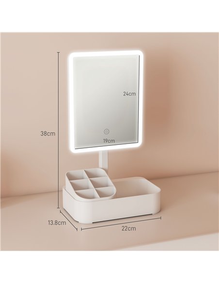 HOMCOM Makeup Mirror with Lights, Rechargeable Vanity Mirror w/ Touch Screen, 2 Lighting Modes and 180° Rotation, White - pic 171926 | FastDaddyshop