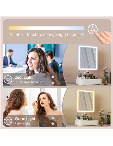 HOMCOM Makeup Mirror with Lights, Rechargeable Vanity Mirror w/ Touch Screen, 2 Lighting Modes and 180° Rotation, White