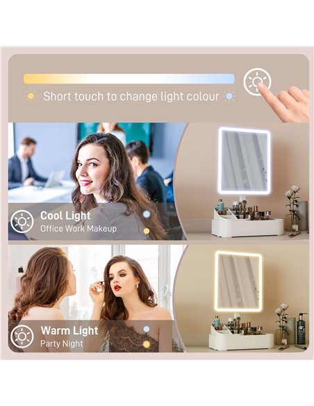 HOMCOM Makeup Mirror with Lights, Rechargeable Vanity Mirror w/ Touch Screen, 2 Lighting Modes and 180° Rotation, White - pic 171927 | FastDaddyshop
