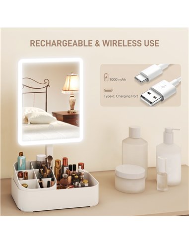 HOMCOM Makeup Mirror with Lights, Rechargeable Vanity Mirror w/ Touch Screen, 2 Lighting Modes and 180° Rotation, White