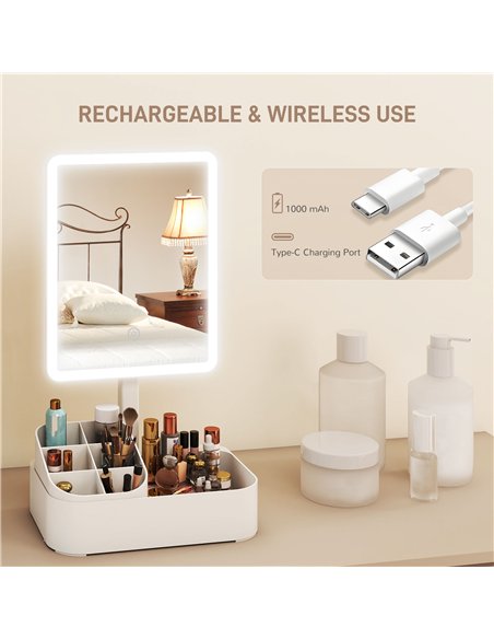 HOMCOM Makeup Mirror with Lights, Rechargeable Vanity Mirror w/ Touch Screen, 2 Lighting Modes and 180° Rotation, White - pic 171929 | FastDaddyshop