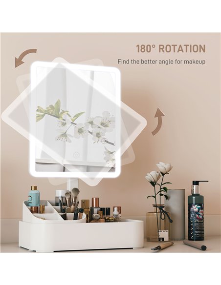 HOMCOM Makeup Mirror with Lights, Rechargeable Vanity Mirror w/ Touch Screen, 2 Lighting Modes and 180° Rotation, White - pic 171930 | FastDaddyshop