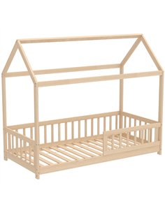 HOMCOM House-Shaped Kids Bed Frame with Guard Rails, Solid Pine Wood Single Bed Frame for Kids Boys and Girls, Natural
