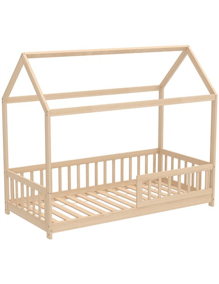 HOMCOM House-Shaped Kids Bed Frame with Guard Rails, Solid Pine Wood Single Bed Frame for Kids Boys and Girls, Natural - pic 171942 | FastDaddyshop