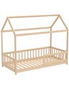 HOMCOM House-Shaped Kids Bed Frame with Guard Rails, Solid Pine Wood Single Bed Frame for Kids Boys and Girls, Natural