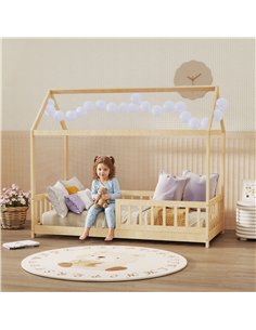 HOMCOM House-Shaped Kids Bed Frame with Guard Rails, Solid Pine Wood Single Bed Frame for Kids Boys and Girls, Natural 2