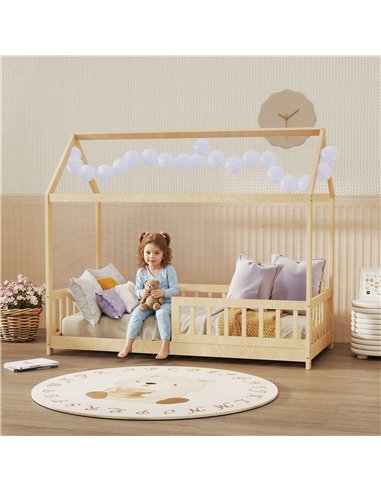 HOMCOM House-Shaped Kids Bed Frame with Guard Rails, Solid Pine Wood Single Bed Frame for Kids Boys and Girls, Natural