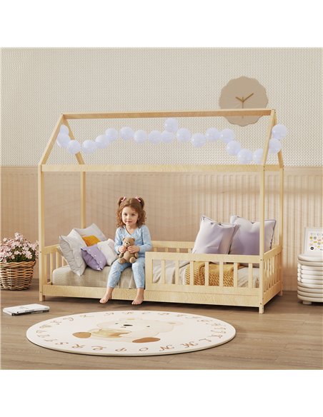 HOMCOM House-Shaped Kids Bed Frame with Guard Rails, Solid Pine Wood Single Bed Frame for Kids Boys and Girls, Natural - pic 171943 | FastDaddyshop