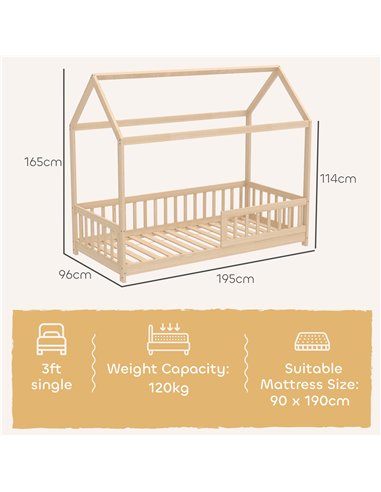 HOMCOM House-Shaped Kids Bed Frame with Guard Rails, Solid Pine Wood Single Bed Frame for Kids Boys and Girls, Natural