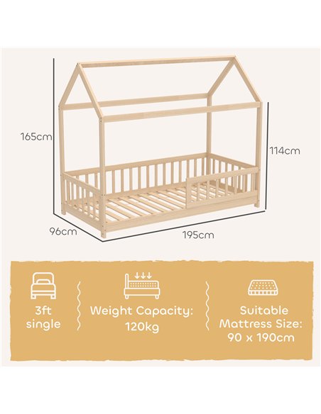 HOMCOM House-Shaped Kids Bed Frame with Guard Rails, Solid Pine Wood Single Bed Frame for Kids Boys and Girls, Natural - pic 171944 | FastDaddyshop