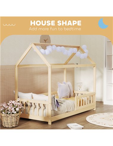 HOMCOM House-Shaped Kids Bed Frame with Guard Rails, Solid Pine Wood Single Bed Frame for Kids Boys and Girls, Natural