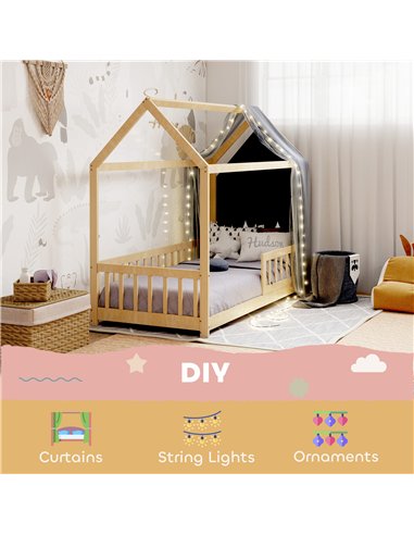 HOMCOM House-Shaped Kids Bed Frame with Guard Rails, Solid Pine Wood Single Bed Frame for Kids Boys and Girls, Natural