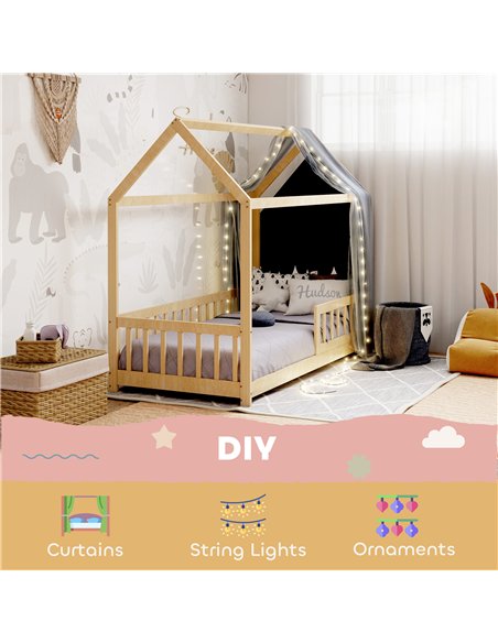 HOMCOM House-Shaped Kids Bed Frame with Guard Rails, Solid Pine Wood Single Bed Frame for Kids Boys and Girls, Natural - pic 171946 | FastDaddyshop