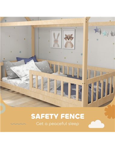 HOMCOM House-Shaped Kids Bed Frame with Guard Rails, Solid Pine Wood Single Bed Frame for Kids Boys and Girls, Natural