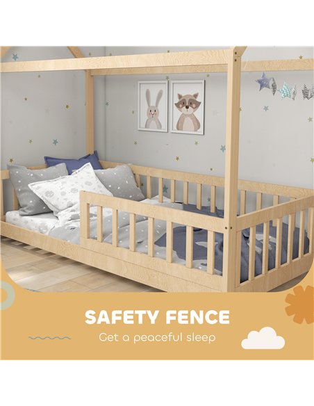 HOMCOM House-Shaped Kids Bed Frame with Guard Rails, Solid Pine Wood Single Bed Frame for Kids Boys and Girls, Natural - pic 171947 | FastDaddyshop