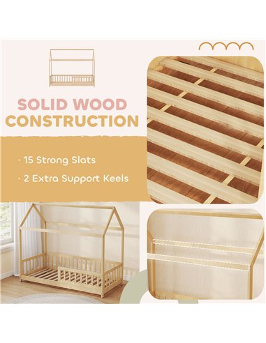 HOMCOM House-Shaped Kids Bed Frame with Guard Rails, Solid Pine Wood Single Bed Frame for Kids Boys and Girls, Natural