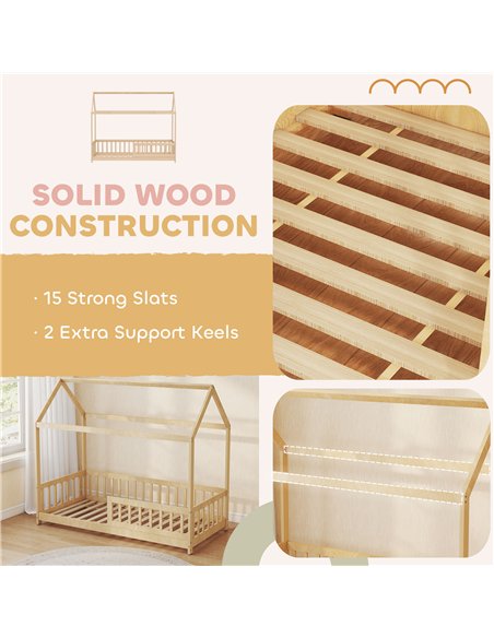 HOMCOM House-Shaped Kids Bed Frame with Guard Rails, Solid Pine Wood Single Bed Frame for Kids Boys and Girls, Natural - pic 171948 | FastDaddyshop