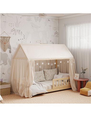 HOMCOM House-Shaped Kids Bed Frame with Guard Rails, Solid Pine Wood Single Bed Frame for Kids Boys and Girls, Natural