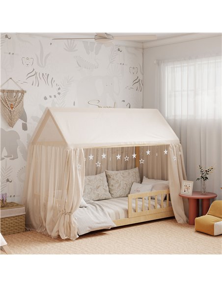 HOMCOM House-Shaped Kids Bed Frame with Guard Rails, Solid Pine Wood Single Bed Frame for Kids Boys and Girls, Natural - pic 171949 | FastDaddyshop