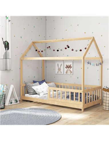 HOMCOM House-Shaped Kids Bed Frame with Guard Rails, Solid Pine Wood Single Bed Frame for Kids Boys and Girls, Natural